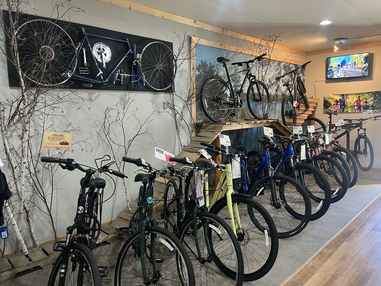 Rows of bicycles inside the Adventure Outfitters shop