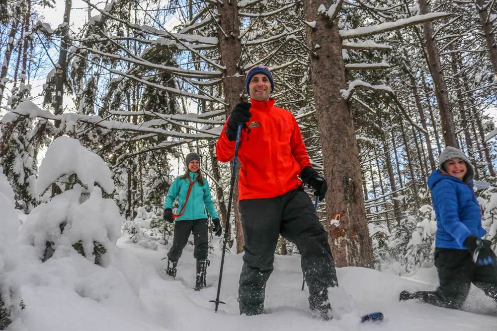 A group snowshoeing through a snow-covered forest